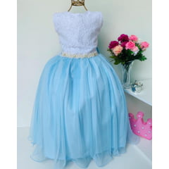 Vestido Infantil Branco e Azul Renda e Cinto de Pérolas Luxo