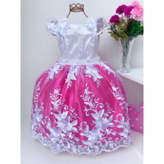 Vestido Infantil Branco e Pink Renda de Luxo Princesas Damas