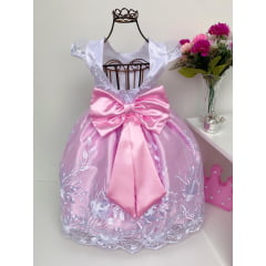 Vestido Infantil Branco e Rosa Renda de Luxo Princesas Damas