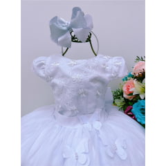 Vestido Infantil Branco Renda C/ Aplique Borboletas Dama Princesa