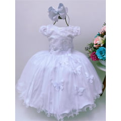 Vestido Infantil Branco Renda C/ Aplique Borboletas Dama Princesa