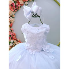Vestido Infantil Branco Rendado C/ Flores em Aplique Damas