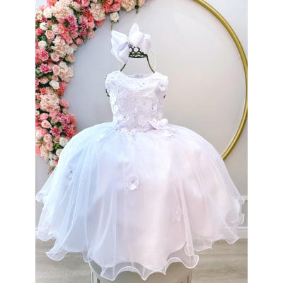 Vestido Infantil Branco Rendado C/ Flores em Aplique Damas