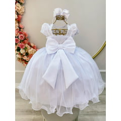 Vestido Infantil Branco Saia Off C/ Renda e Aplique Flores