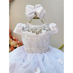 Vestido Infantil Branco C/ Renda e Aplique de Flores Daminha