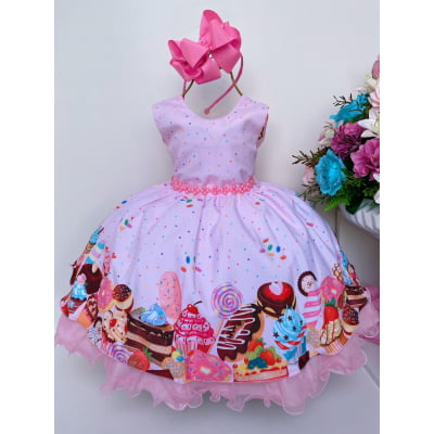 Vestido Infantil Doces Confeitaria Rosa Luxo