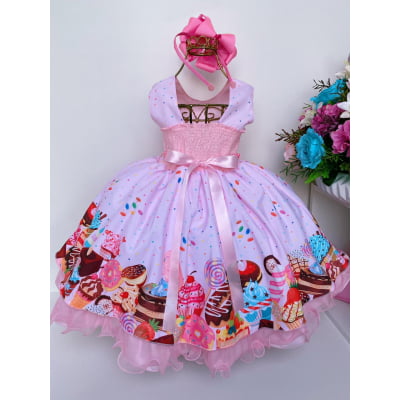 Vestido Infantil Doces Confeitaria Rosa Luxo