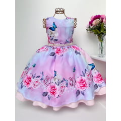 Vestido Infantil Floral Rosas e Borboletas Cinto Pérolas