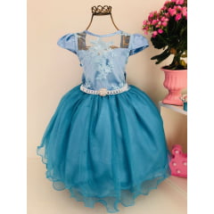 Vestido Infantil Frozzen Azul Tifanny Luxo Broche de Pérolas