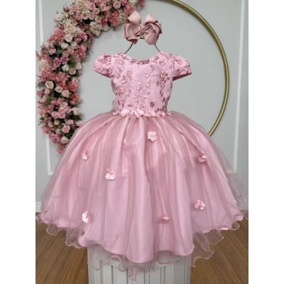 Vestido Infantil Jardim Encantado Rose Festa C/ Renda Luxo