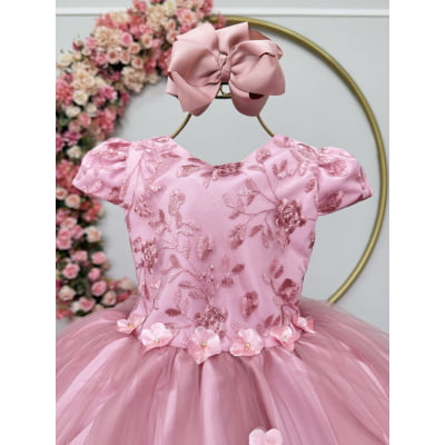 Vestido Infantil Jardim Encantado Rose Festa C/ Renda Luxo