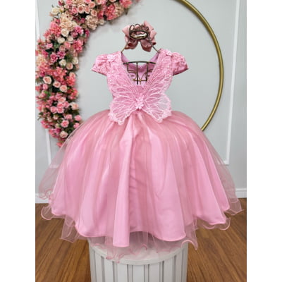 Vestido Infantil Jardim Encantado Rose Festa C/ Renda Luxo