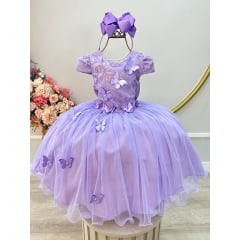 Vestido Infantil Lilás Apliques Flores e Borboletas Festas