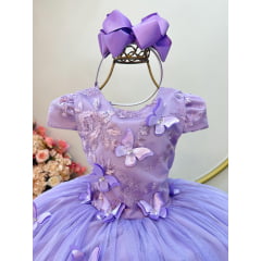 Vestido Infantil Lilás Apliques Flores e Borboletas Festas