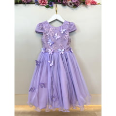 Vestido Infantil Lilás Apliques Flores e Borboletas Festas