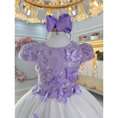 Vestido Infantil Lilás C/ Bordado Borboletas Dama Festas Luxo