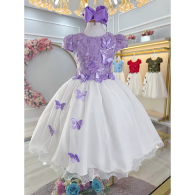 Vestido Infantil Lilás C/ Bordado Borboletas Dama Festas Luxo