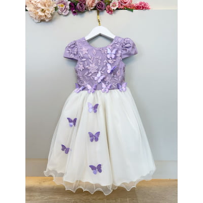 Vestido Infantil Lilás C/ Bordado Borboletas Dama Festas Luxo