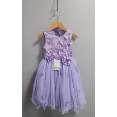 Vestido Infantil Lilás C/ Renda e Aplique de Flores Daminha