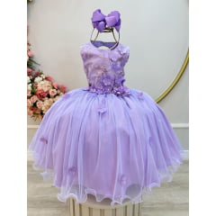 Vestido Infantil Lilás C/ Renda e Aplique de Flores Daminha