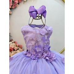 Vestido Infantil Lilás C/ Renda e Aplique de Flores Daminha