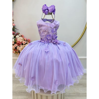 Vestido Infantil Lilás C/ Renda e Aplique de Flores Daminha