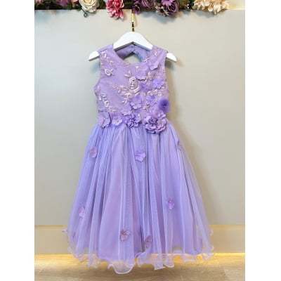 Vestido Infantil Lilás C/ Renda e Aplique de Flores Daminha