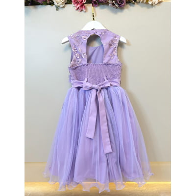 Vestido Infantil Lilás C/ Renda e Aplique de Flores Daminha