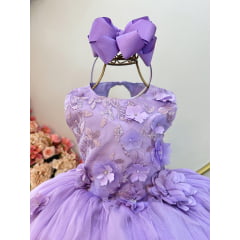 Vestido Infantil Lilás C/ Renda e Aplique de Flores Formatura