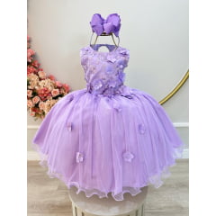 Vestido Infantil Lilás C/ Renda e Aplique de Flores Formatura