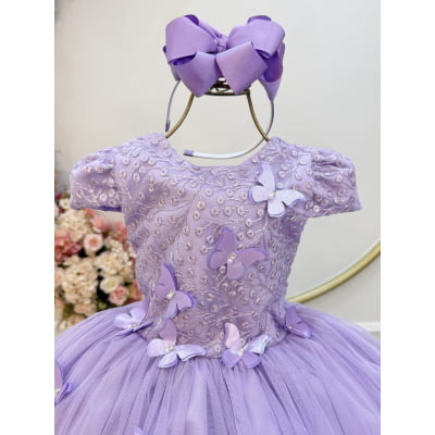Vestido Infantil Lilás Com Renda e Borboletas Dama Festas Luxo