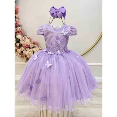Vestido Infantil Lilás Com Renda e Borboletas Dama Festas Luxo