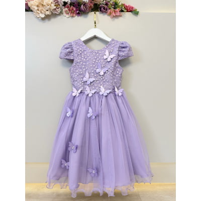 Vestido Infantil Lilás Com Renda e Borboletas Dama Festas Luxo