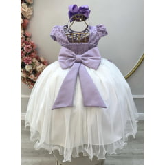 Vestido Infantil Lilás Saia Off C/ Renda e Aplique Flores