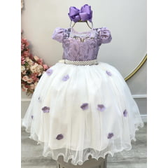 Vestido Infantil Lilás Saia Off C/ Renda e Aplique Flores