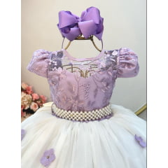Vestido Infantil Lilás Saia Off C/ Renda e Aplique Flores