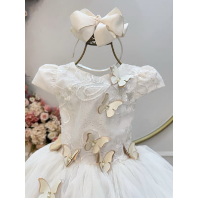 Vestido Infantil Marfim Com Renda e Borboletas Dama Festas