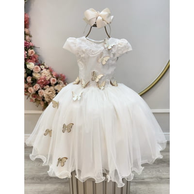 Vestido Infantil Marfim Com Renda e Borboletas Dama Festas
