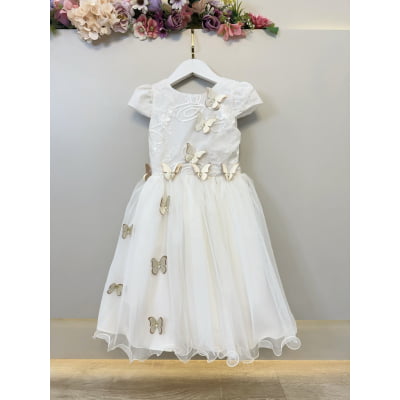 Vestido Infantil Marfim Com Renda e Borboletas Dama Festas