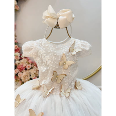 Vestido Infantil Marfim Renda e Aplique Borboletas Damas Luxo