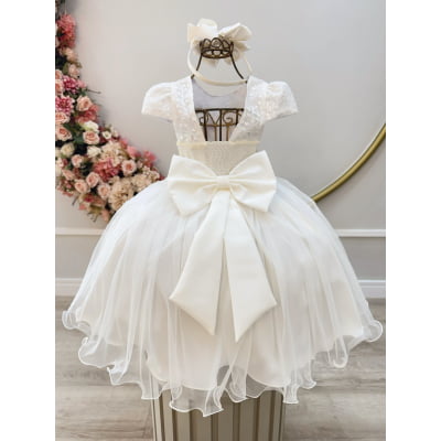 Vestido Infantil Marfim Renda e Aplique Borboletas Damas Luxo