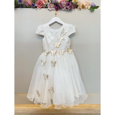 Vestido Infantil Marfim Renda e Aplique Borboletas Damas Luxo