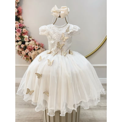 Vestido Infantil Marfim Renda e Aplique Borboletas Damas Luxo