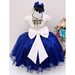Vestido Infantil Marfim Renda Saia Azul Royal Brilho Luxo