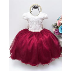 Vestido Infantil Marfim Renda Saia Marsala C/ Brilho Luxo