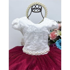 Vestido Infantil Marfim Renda Saia Marsala C/ Brilho Luxo