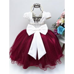 Vestido Infantil Marfim Renda Saia Marsala C/ Brilho Luxo