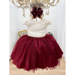 Vestido Infantil Marfim Renda Saia Marsala C/ Brilho Luxo