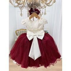 Vestido Infantil Marfim Renda Saia Marsala C/ Brilho Luxo