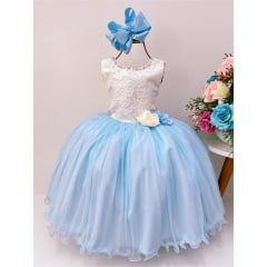 Vestido Infantil Marfim Saia Azul Aplique Flores Pérolas